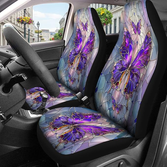GENANY Purple Butterfly Car Seat Covers Set of 2, Breathable Front Seat Covers for Truck Sedan SUV, Purple Car Accessories, Butterfly Gift for Women