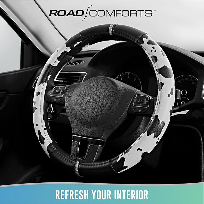 Road Comforts Cow Pattern Steering Wheel Cover - Made with PVC Leather - Anti-Slip, Universal Fit 14 1/2 inches to 15 inches