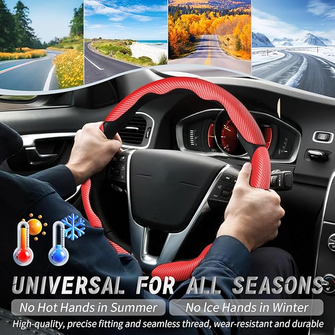 WOCOCN 3pcs Car Steering Wheel Cover,Anti-Skid Carbon Fiber Steering Wheel Protector for Men Women,Multiple Color Options,Universal for Most Car Interiors Accessories (Red 3PCS)