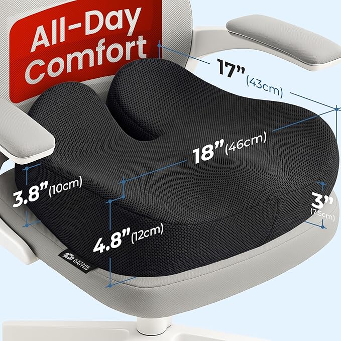 5 STARS UNITED Seat Cushion - Memory Foam Chair Cushion for Tailbone Pain Relief - Ergonomic Support for Coccyx, Sciatica & Butt - Office, Desk & Gaming Chair, Car Seat, Wheelchair, Black