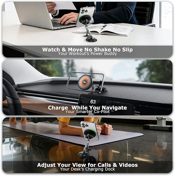 Magnetic for MagSafe Car Mount 15W Wireless Charging, Magnetic Phone Holder for Car with Vacuum, 360°Adjustable Metal Head &Extension Rod, Cell Phone Holders for Your Car for iPhone17/16/15/14/13/12