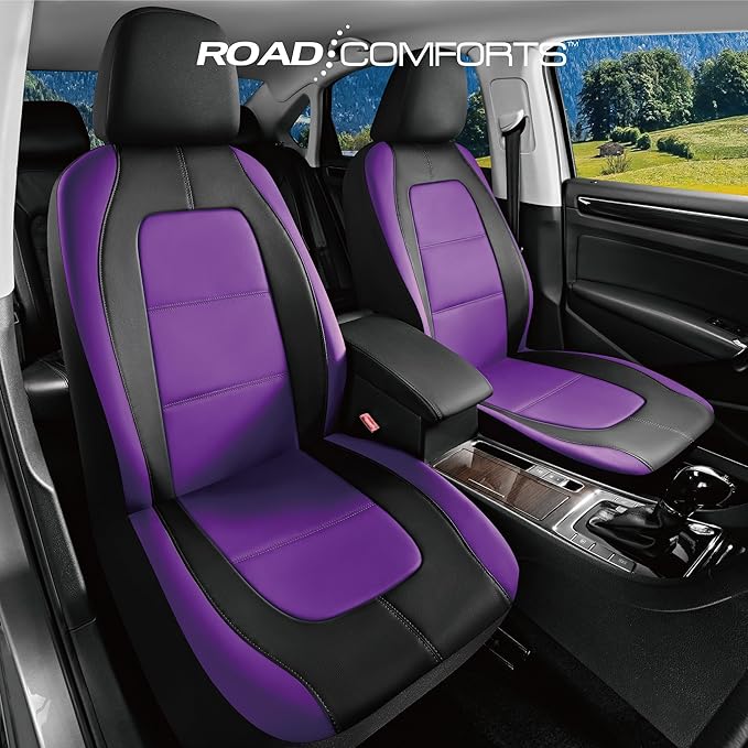 Road Comforts Car Seat Cover, Leather Car Seat Covers, Front Low Back Sport Seat Covers, Airbag Compatible, Universal Fits for Most Cars (Purple)