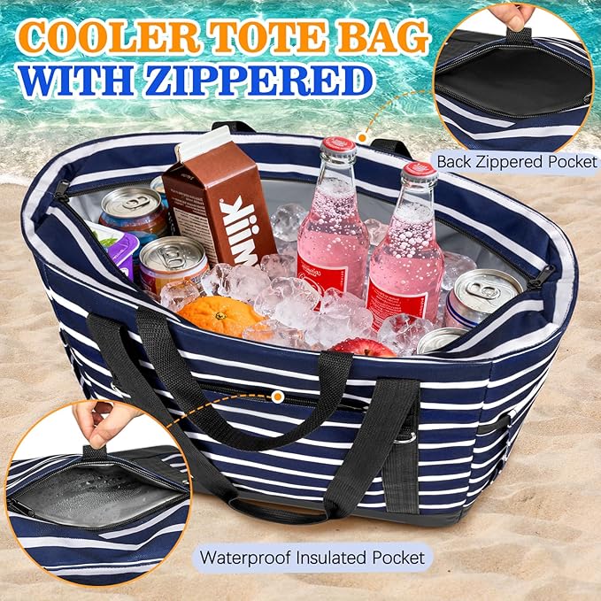 HUANLANG Soft Cooler Bag Insulated for Travel,Large Insulated Grocery Bags with Zippered Top,PEVA Collapsible Food Delivery Cooler Bag for Beach, Travel, Picnics