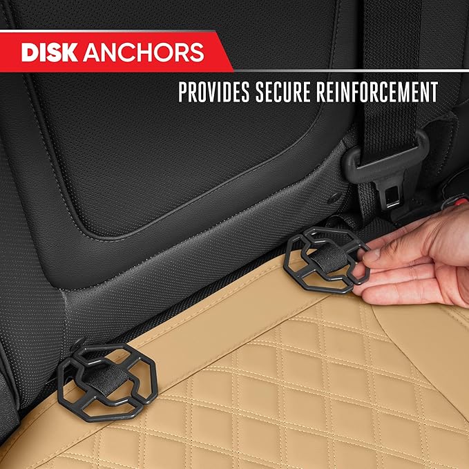 Motor Trend Rear Seat Cushion - Beige Diamond Stitched Faux Leather Rear Seat Cover for Cars, Trucks, SUVs - Padded, Waterproof, Non-Slip Back Seat Cover with Storage Pockets