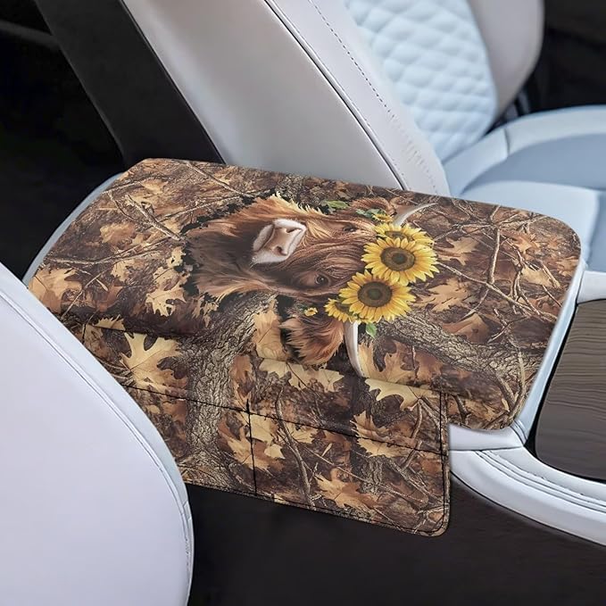 Tupalatus Highland Cow Car Armrest Cover with Pockets Universal Center Console Pad Anti-Slip Sunflower Armrest Cushion Cover Pad Easy Installation Universal Fit Most Cars,SUV,Truck,Van