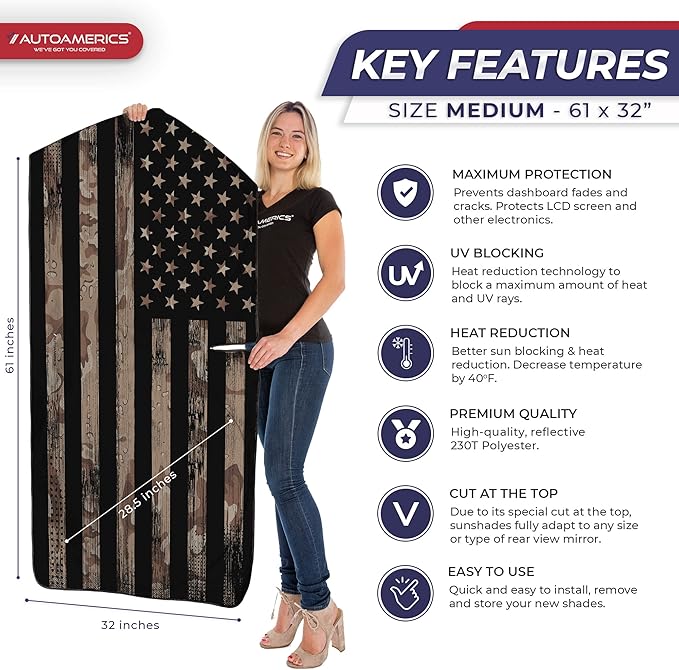 Autoamerics 1-Piece Windshield Sun Shade Brown Camo American Flag USA Design - Foldable Car Front Window Sunshade for Most Sedans SUV Truck - Blocks Max UV Rays and Keeps Your Vehicle Cool - Medium