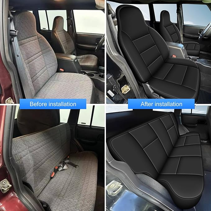 AOMSAZTO Seat Covers Custom for Jeep Cherokee 1997 1998 1999 2000 2001 Full Set Waterproof Faux Leather Automotive Cushion Protector Pet Friendly Black