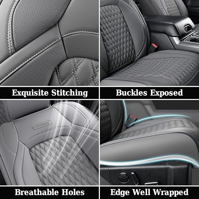 Coverado JK Seat Covers for Jeep Wrangler, Leather Front Seat Covers for Automotive Truck Wrangler Seat Covers Custom Fit for 2013-2017 Jeep Wrangler 2-Door/4-Door, Full Coverage Seat Cushion(Gray)