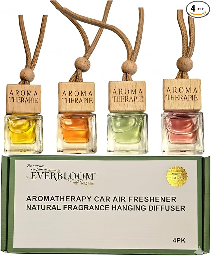 Aromatherapy Car Air Freshener, Natural Fragrance Hanging Diffuser, Long Lasting, Multiple Scents Including Peach, Vanilla Cream, Pink Coconut, and Freesia, Glass Bottle with Wooden Cap, 4pcs