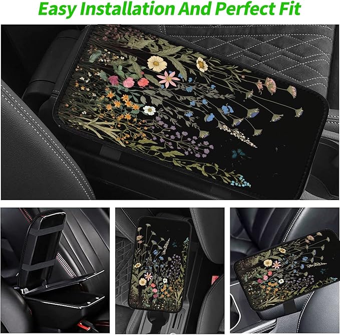 Car Armrest Cover Pads Universal Fashion Cute Auto Center Console Armrest Cover Pad with 2PCS Car Coasters Soft Waterproof Car Armrest Seat Protector for Women Girls, Wildflowers
