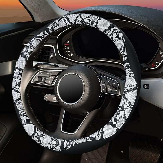 ZHOL Snake Skin Steering Wheel Cover, Breathable Microfiber Leather Universal 14.5-15 inch, Anti-Slip Car Steering Wheel Protector for Women Men, Black&White