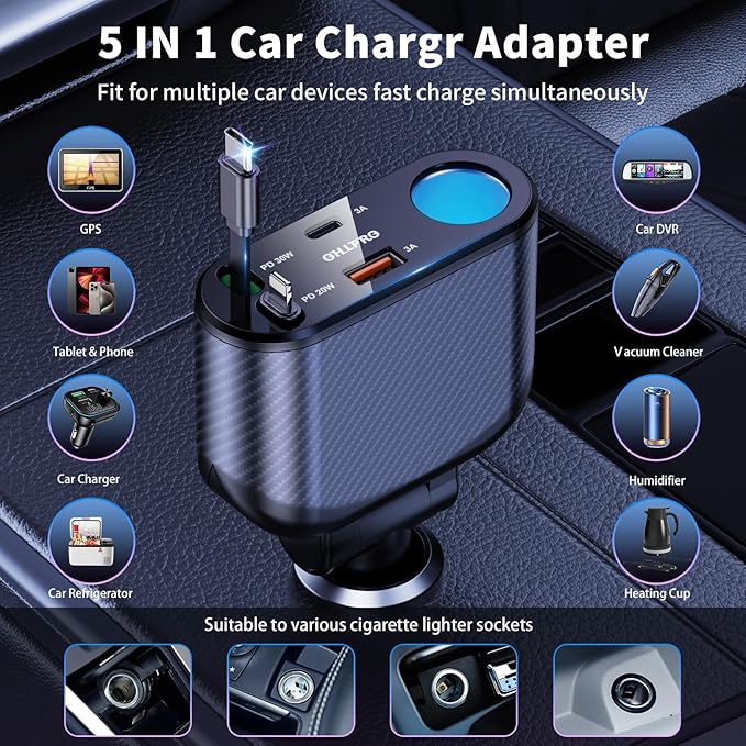 OHLPRO Retractable Car Charger Cigarette Lighter Adapter, 168W 5 in 1 Fast Phone Charging Built-in Replaceable Fuse, Socket Splitter with USB C and USB i Cord, Fit for Phone iPad Galaxy GPS, Blue