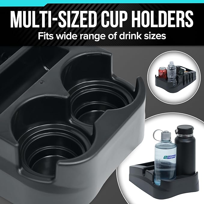 Universal Car Floor Center Console with Dual Cup Holders, Portable Center Console Storage Organizer, Vehicle Organizer for SUV, Truck, Van, Car, Recycled Plastic, Made in USA (Black)