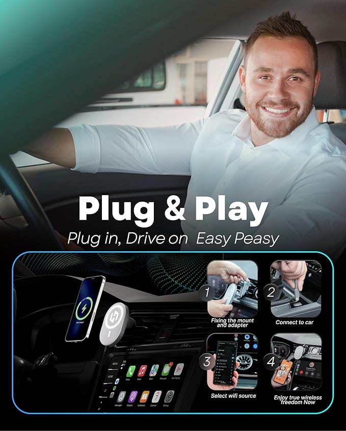 HexaCharge 4-in-1 Wireless Car Adapter – Works with Apple CarPlay and Android Auto, Magnetic Phone Mount with Wireless Charging, Converts Wired to Wireless for iPhone & Android
