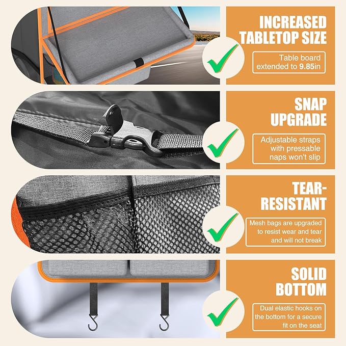 Plzpik Car Backseat Organizer with Tablet Holder,11 Storage Pockets with Foldable Food Tray, Protector Kick Mats for Kids, Travel Accessories Organizer (Orange, 1Pack with Food Tray)
