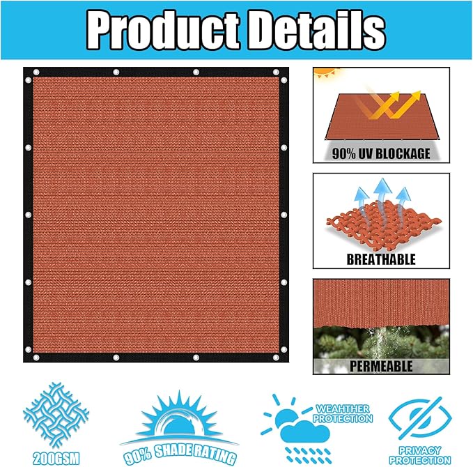 Amagenix 90% Pergola Shade Cover 6' X 13' Sun Shade Cloth with Grommets for Outdoor Garden Patio Porch, Commercial Grade 200 GSM - Cable Zip Ties Included (We Customized) GN108, Rust Red
