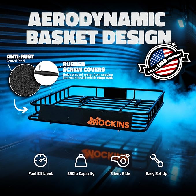 Mockins 50"x36"x4.5" Extendable Rooftop Cargo Carrier & 18 CuFt Orange Waterproof Roof Cargo Bag | 250 Lbs. Capacity Weatherproof SUV & Car Roof Rack Basket with Car Top Carrier Bag & Accessories