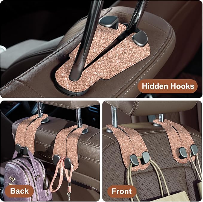CoBak Purse Hook for Car - Universal Premium Stitched Leather and Aluminum-Magnesium Alloy Double Car Seat Back Storage Hook for Purses, Handbags, Bags (2 Pack),Glitter Rose