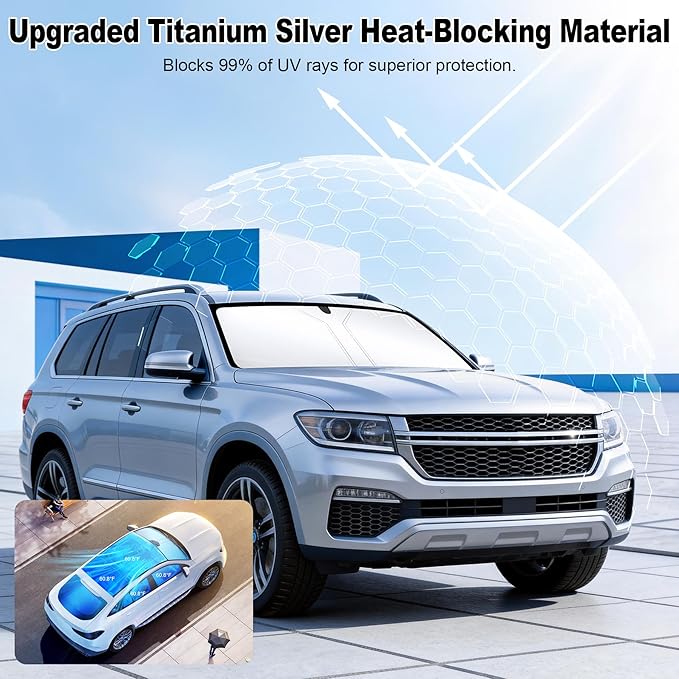 Car Windshield Sunshade Universal Sun Visor Front Window Shades, Foldable Reflective Fits Cars, Large SUVs, Trucks, Interior Car Automotive Accessories for Summer (64" x 33")