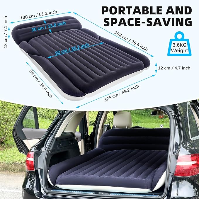 KMZ SUV Air Mattress with 2 Pillows – Thickened and Flocked Car Bed – Portable Travel Pad for Camping & Road Trips – Quick Inflate & Deflate with External Pump – Navy Blue+Light Gray