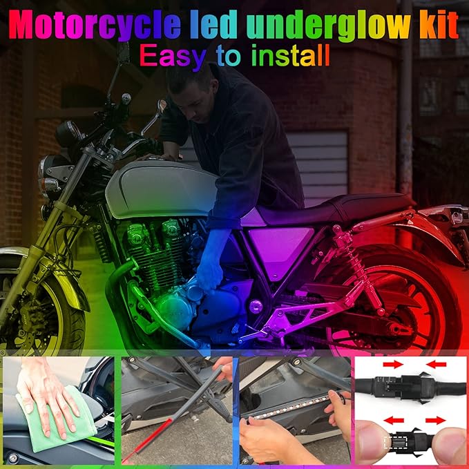 10Pcs Motorcycle LED Underglow Kit, RGB LED Strips Lights with APP Control, Compatible with Harley Davidson, Honda, Kawasaki, Suzuki