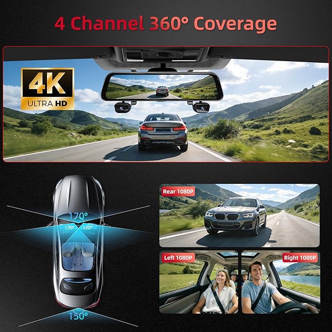 2026 4K Mirror Dash Cam 4 Channel, 12" Touch Screen Rear View Mirror Camera for Cars,4K+1080Px3 Dashcam Front Rear Inside, IR Night Vision,WiFi,APP,GPS, Voice Control,Free 128GB SD