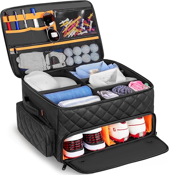 PGmoon 2 Layer Golf Trunk Organizer, Golf Car Storage Organizer with Individual Ventilated Compartment for 2 Pairs Shoes, Golf Car Locker for Balls, Clothes, Tees, Gloves, Accessories