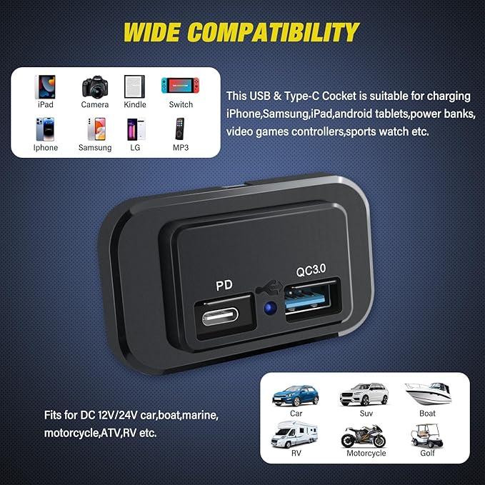 Nilight 2 Pack Socket Panel 12V 24V Dual USB Outlet PD Type C QC3.0 Surface Mount 48W Fast Waterproof for Automotive RV Marine Boat Motorcycle Truck