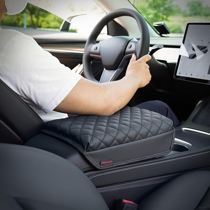 KMMOTORS Model y, Model 3 (2021-2024) Center Console Cover Quilting Black, Armrest Cushion, Console Protector, Vegan Leather (Black)