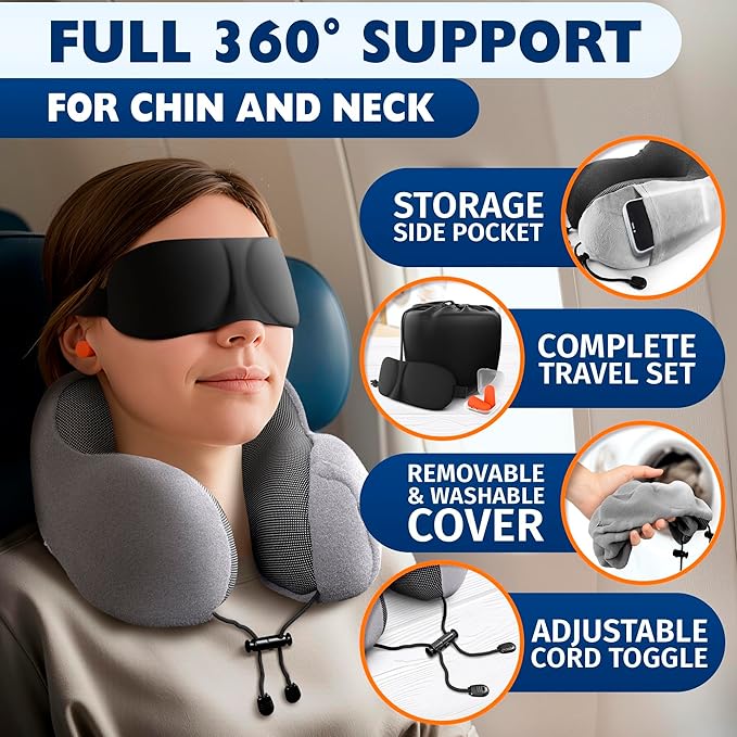 Plane Neck Pillow for Long Flights – 4-in-1 Set | Adjustable Memory Foam Gray Airplane Pillow Neck Support, Eye Mask, Earplugs, & Cover | Soft Washable Cotton Cover, Button Closure – Comfort Traveling
