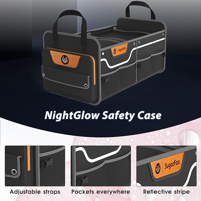 SugarFox Car Trunk Organizer for SUV, 70L Heavy Duty Waterproof Trunk Organizer, Foldable Vehicle Organizer with Anti-Slip Base, 24”x13.8”x11.8”, BLACK-M003