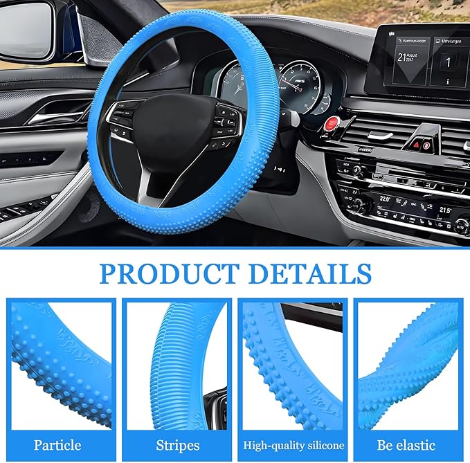 Wuyaoyao Car Steering Wheel Cover, Anti-Slip Silicone Steering Wheel Cover Protector, Non-Slip Massage Grip Auto Wheel Cover Fits 14-15 Inch, Universal Interior Car Accessories (Sky Blue)