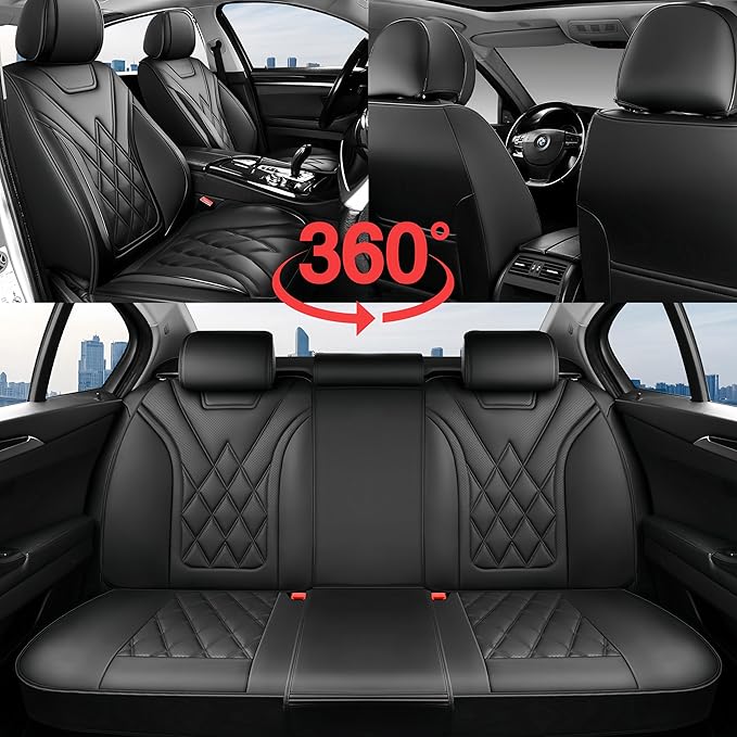 Santa Fe Seat Covers Custom Fit for Hyundai Santa Fe 2007-2026 (Only 5-Seat Version) - Full Set Premium Leather, Waterproof, All-Weather, Airbag Compatible, Car Seat Protectors (Black)