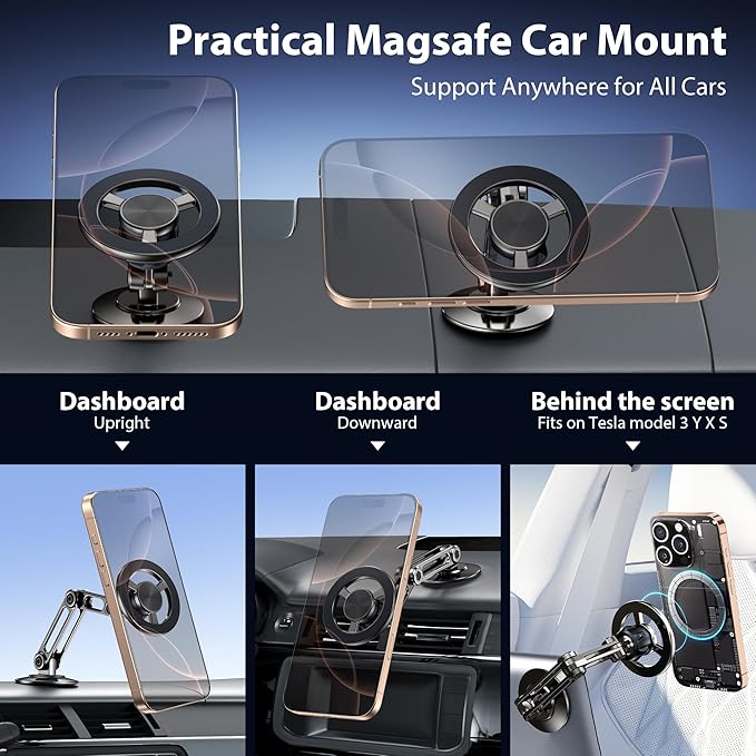 Ultra Magnetic Long-Arm Phone Holder Stand, Fits for MagSafe Car Mount Bracket【Windshield+Vent+Dash】, 360° Rotation Adjustable Strong Magnets Car Mount Desk Office Phone Cradle Holder, Black