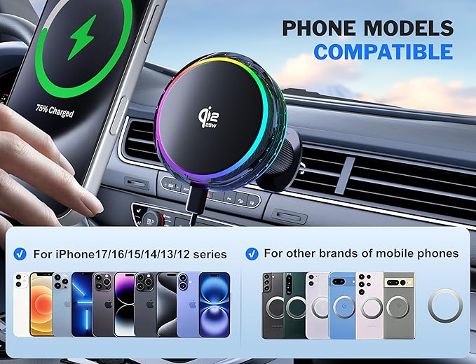 25W MagSafe Compatible Car Mount Charger with Air-Cooled, 3500gf Magnetic Phone Holder for iPhone and Android, Dash Air Vent with Rainbow Ambient Light Valentines Day Gifts