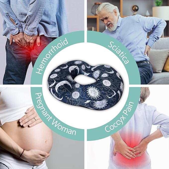 Donut Center Hole Hemorrhoid Pillow Memory Foam Hemorrhoids Seat Cushion for Tailbone or Coccyx Pain Relief Home Office Desk Chair Car Seat Cushions for Women Postpartum Pregnancy (Cyan)