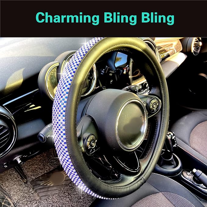 PINCTROT Large Size Bling Comfy Steering Wheel Cover with Jumbo Crystal Rhinestones, Anti-Slip Diamond Leather, 15.5-15.75 Inch (Blue)