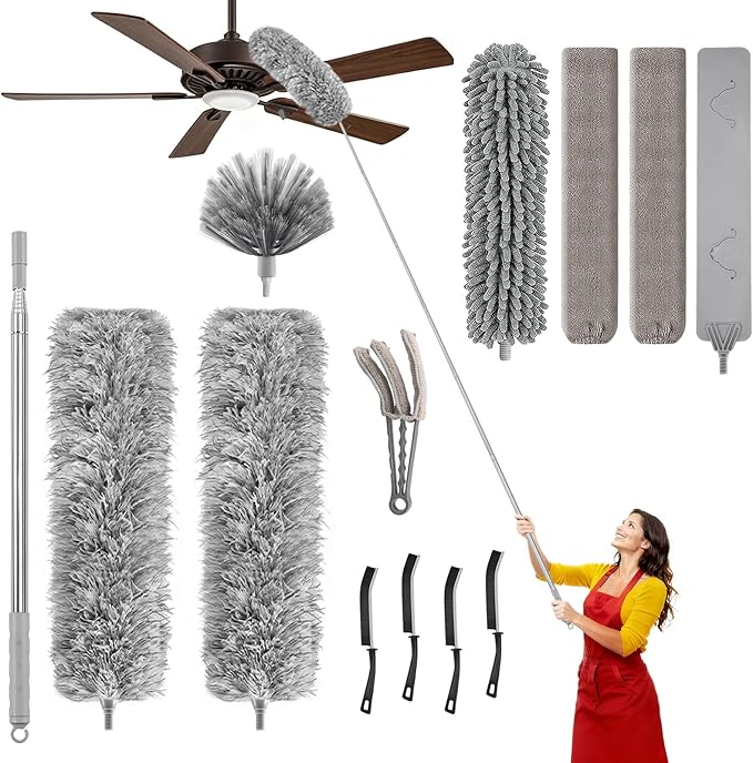 Professional Deep Cleaning System, 100-inch Extendable Duster with Under-Appliance Pads & Multi-Angle Heads for Ceiling Fans, High Ceilings, Blinds, and Gaps