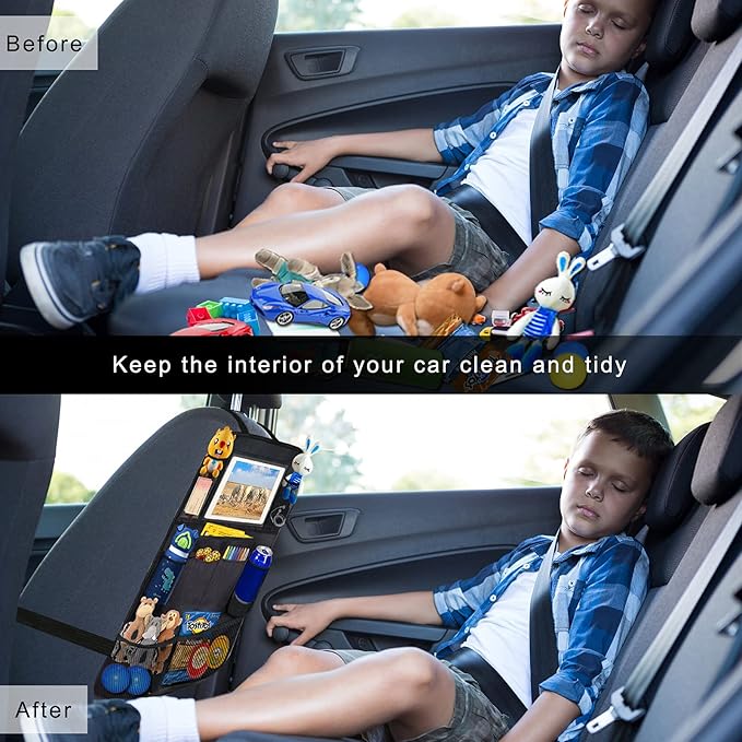 Ecurfu Backseat Car Organizer with 10 Compartments, 10 Inch Tablet Holder, Waterproof Storage Bag for Kids Cars - 600D Oxford Fabric, Black (1PC)