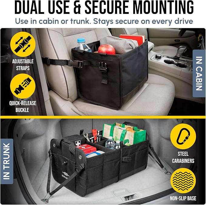 3-Section Car Trunk Organizer XL – Large Modular Auto Storage Bin, Foldable Multi-Compartment Cargo Organizer for Car Trunk, Heavy Duty 1680D Design – Black