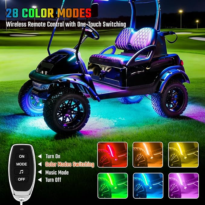 Golf Cart Underglow LED Light Strip Kit, 28 Modes Neon Underbody Glow, 12-85V, Music Sync, Wireless Remote Control, Universal for All Golf Carts, EZGO, Club Car, Yamaha, 4 Pack