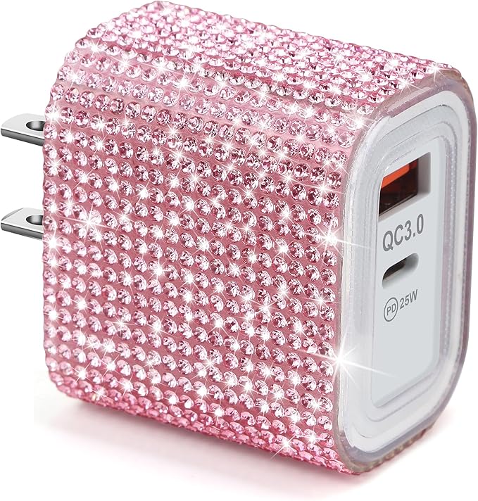 Aolcev for iPhone Charger Fast Charging Bling 2 in 1 USB A USB C Charger Block 25W Type C Fast Charging Blocks for iPhone 17 16 15 14 13 iPad Bling USB C Adapter for Galaxy S26 S25 Rhinestones Pink