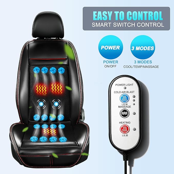 Leather Cooling Car Seat Cover, Breathable Mesh Cooling Car Seat Cushion with Massage & 16 Fans, 3-in-1 All-Season Ventilated Seat Cover for Car SUV Truck Universal Fit (Black-1)