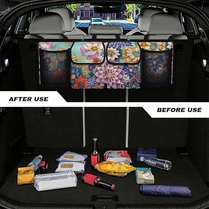 Boho Mandala Floral Blossom Car Trunk Organizer with 3 Adjustable Buckles Hanging Cargo Bag with 4 Storage Bags,Sturdy Space Saving Expert,Gift for Women