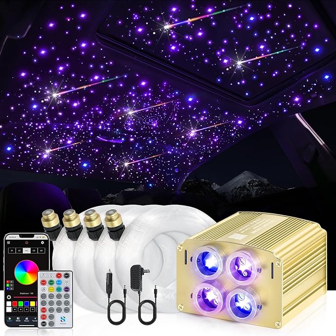 4 Colors 32W Twinkle & Meteor Car Starlight Headliner Kit, 2-in-1 Light Engine 500pcs*0.03in*13.1ft+240 RGBW Fiber Optic Cable Ceiling Star Lights, Shooting Star Roof Lights for Car Home Theater