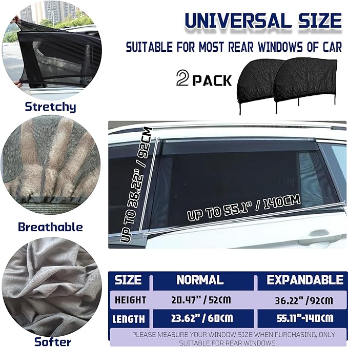 Car Rear Window Screens for Side Windows, 2 Pack Side Window Sun Shades,Stretchy Mosquito Net Cover Fit Cars SUVs - Up to 36.22”x55.1”