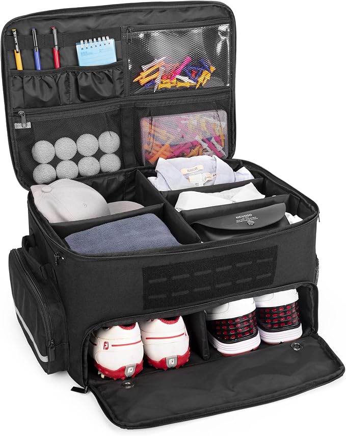 GOBUROS Golf Trunk Organizer Storage with Separate Compartment for 2 Pair Shoes Up to US Mens 16, Golf Car Locker Organizer for Balls, Tees, Clothes, Gloves, Accessories, Black