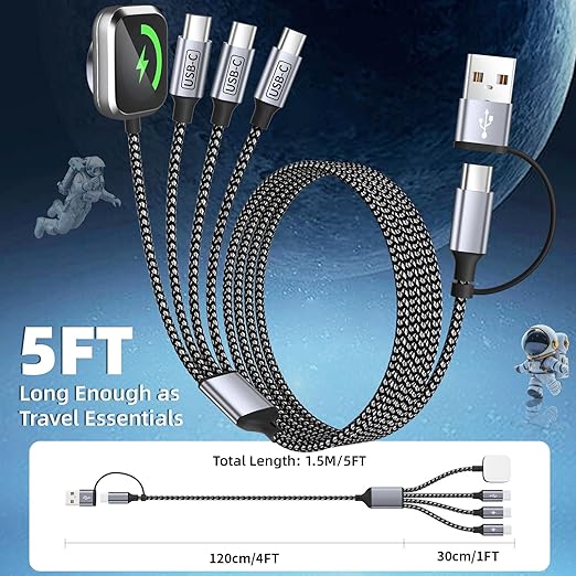 4 in 2 Charging Cable for Phone Watch Charger with 3 Type-C Ports, Travel Essentials USB C Splitter Multi Charging Cable/Cord for iWatch Ultra/SE/11-1, iPhone17 16 15 14, Android, More -1Pack 5FT