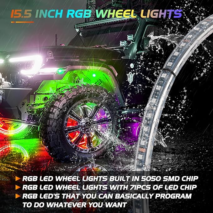 Nilight 4PCS 15.5inch Double Row LED Wheel Ring Lights RGB with APP and Remote Control Neon Lights w/Turn Signal and Braking Function Dual Row for Car Van SUV Truck