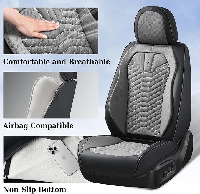 Coverado Car Seat Covers, Front Seat Cover, Waterproof Nappa Leather Seat Covers for Cars, 2 Pack Car Seat Protectors Driver Seat Cover, Automotive Seat Covers Universal Fit for Most Cars, Black&Gray